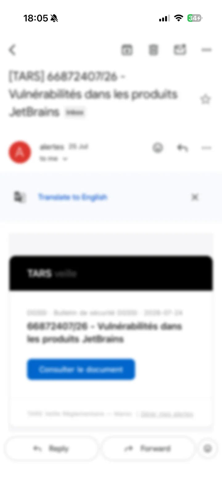 Une alerte TARS reçue par e-mail sur téléphone